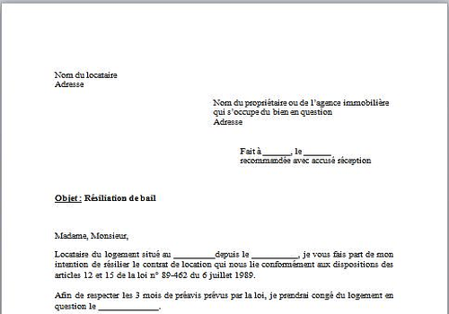 Modèle de Lettre : Résiliation de bail avec 3 mois de préavis 