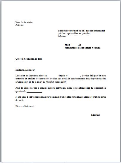 Exemple Lettre De Resiliation De Bail
