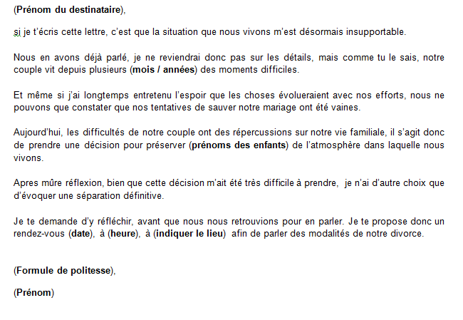 modele de lettre de separation a l amiable