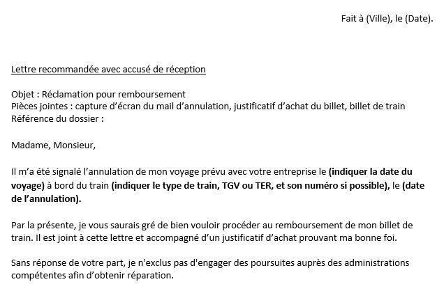 Capture d'écran Lettre de réclamation SNCF (remboursement) Capture d'écran Lettre de réclamation SNCF (remboursement)