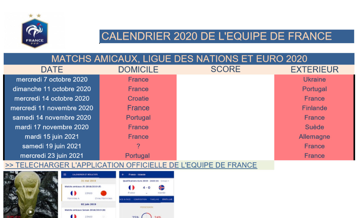 Calendrier Equipe de France de Football