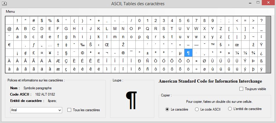 ASCII Table des caractères