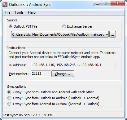 Capture d'écran Outlook-Android Sync