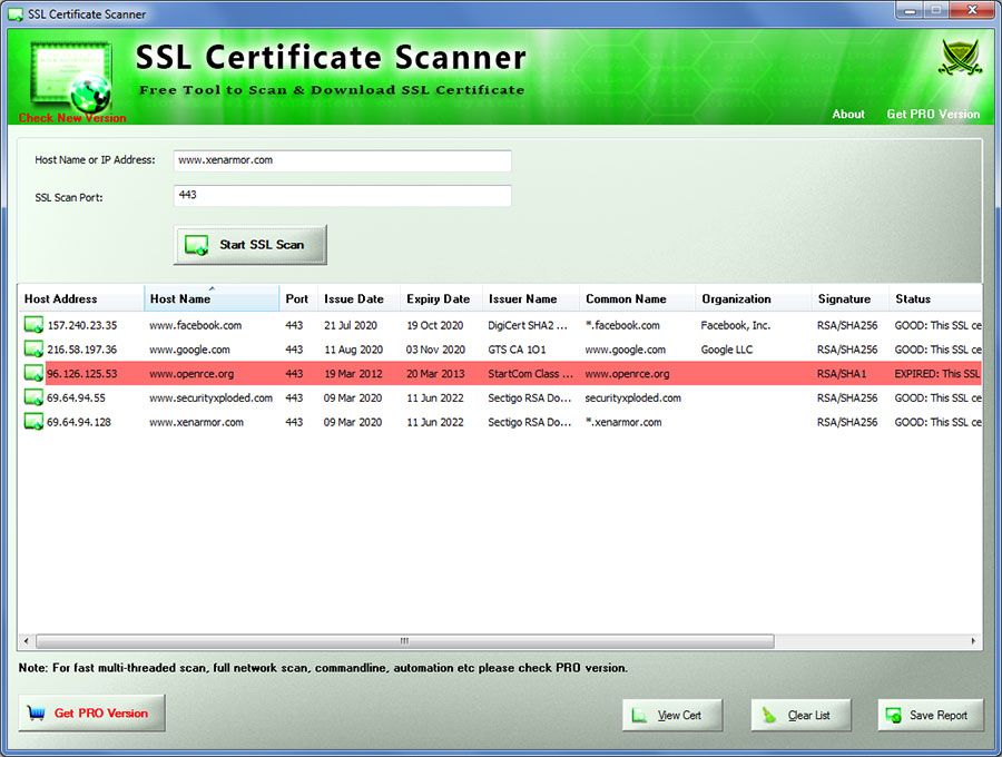 Capture d'écran SSL Certificate Scanner