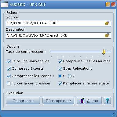 Capture d'écran NUXBOX UPX-GUI