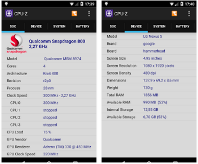 Capture d'écran CPU-Z Android Capture d'écran CPU-Z Android