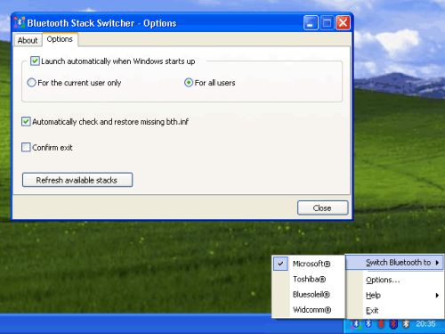 Capture d'écran Bluetooth Stack Switcher Capture d'écran Bluetooth Stack Switcher
