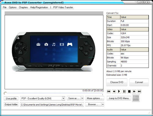 Capture d'écran Avex DVD to PSP Converter