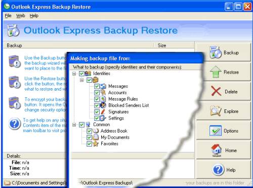 Capture d'écran Outlook Express Backup Restore
