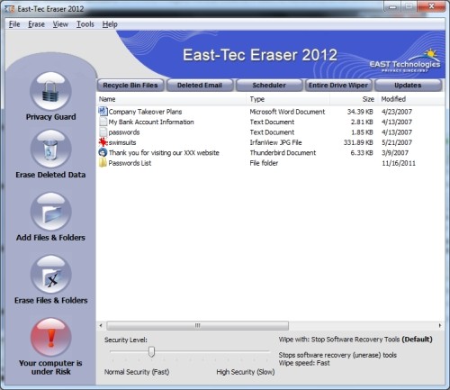 Capture d'écran East-Tec Eraser 2012 Capture d'écran East-Tec Eraser 2012