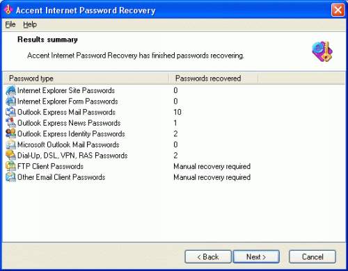 Capture d'écran Accent Internet Password Recovery