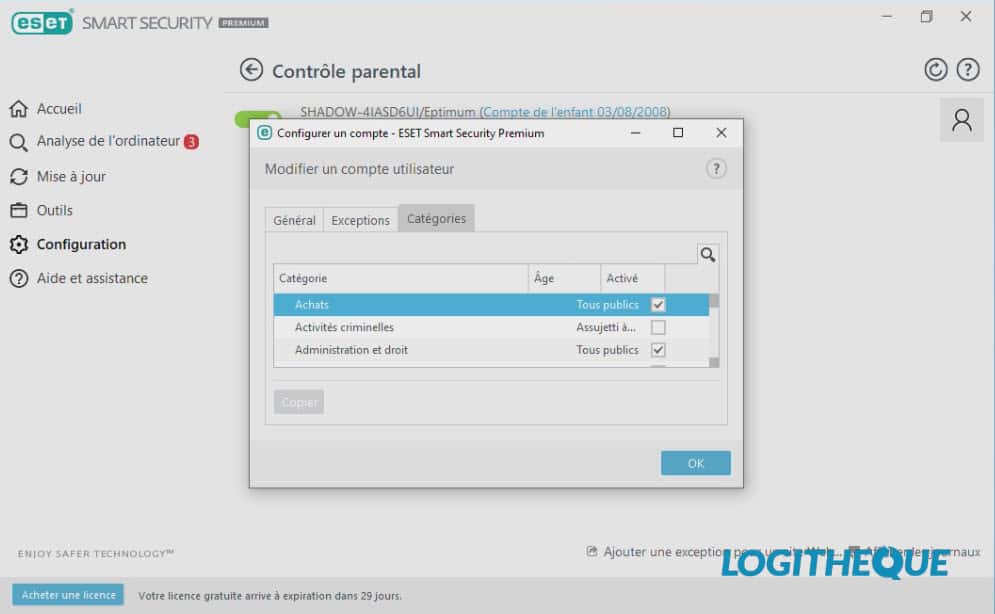 ESET Smart Security Premium configuration du contrôle parental