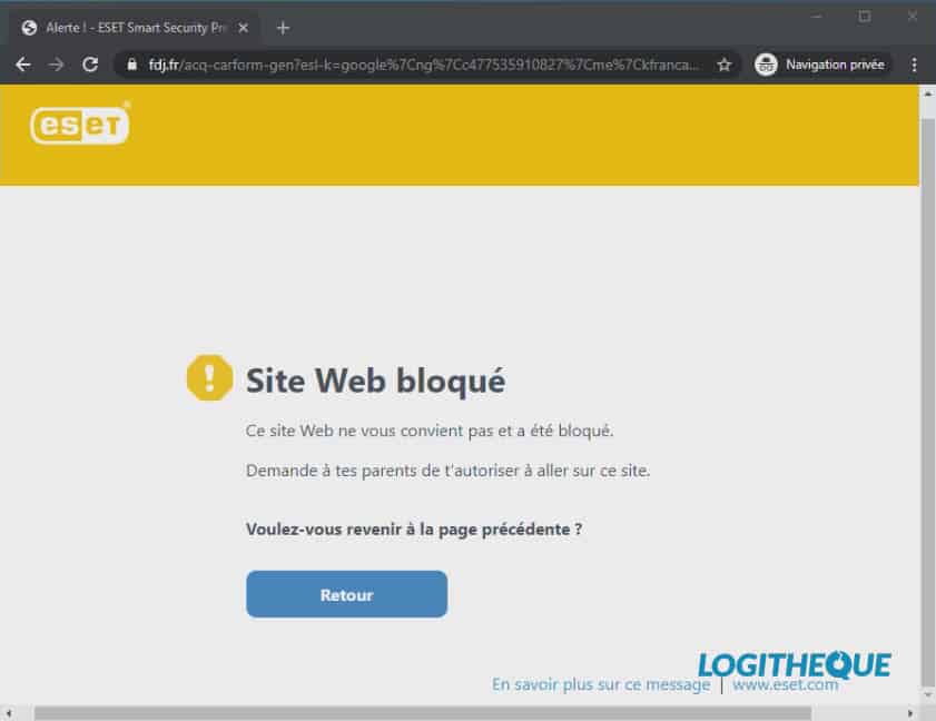 ESET Smart Security Premium alerte site bloqué
